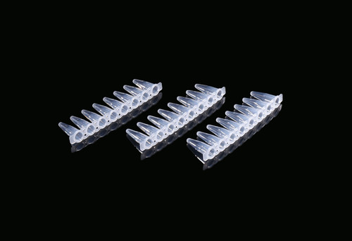 Three strips of clear polypropylene 0.2 mL PCR tubes viewed from an angle against a black background.
