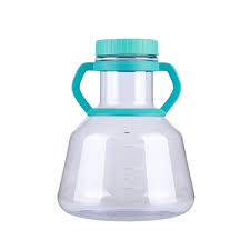 Clear polycarbonate 3L wide-mouth Erlenmeyer flask with turquoise handles, cap, and volume markings.