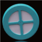 Teal plastic round vent cap with a central cross support and white filter.