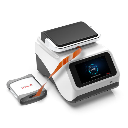 White and dark gray 4E's Temperature Verification System device with touch screen and sensor probe.
