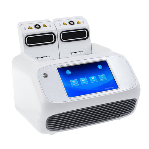 White 4E's Real-Time PCR System with dual sample blocks and a blue 7-inch touch screen.