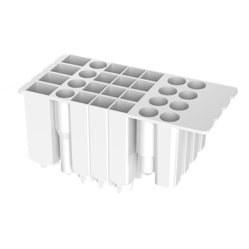 White plastic large-volume sample plate with multiple cylindrical and square wells, viewed at an angle on a dark surface.