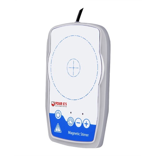 Compact white and blue 4E's mini magnetic stirrer viewed from an angled perspective.