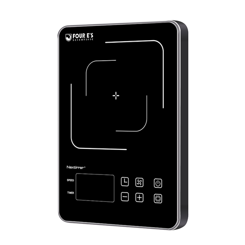 Black 4E's magnetic stirrer with a glass top, LED display, and touch controls, angled view.