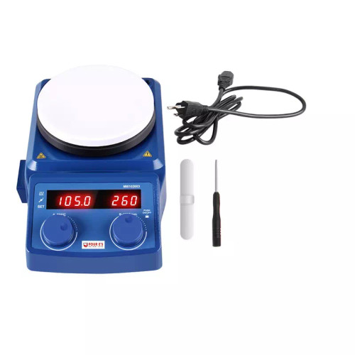 Blue 4E's magnetic hotplate stirrer with white ceramic top, digital LED display, power cord, stir bar, and calibration tool.