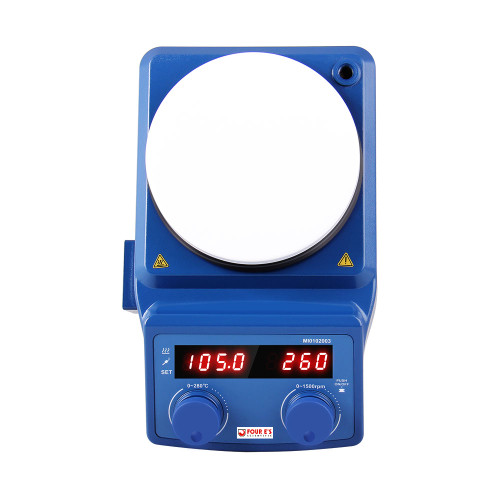 Blue 4E's magnetic hotplate stirrer with white top plate, LED display showing 105.0 and 260, and two control knobs.
