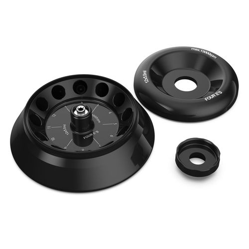 Black 12x5ml centrifuge rotor with a detached lid and locking nut, viewed from above.