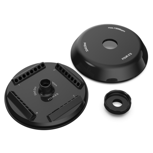 Black 4E's PCR rotor with 4 strip-tube blocks, cover lid, and locking ring on a black background.