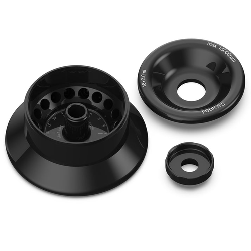 Black 18x2.0ml centrifuge rotor with its lid and cap disassembled on a white background.