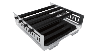 Silver metal universal attachment tray featuring four black cylindrical bars across the top.
