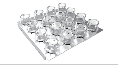 Silver metal platform fitted with sixteen shiny metal fixing clips designed for flasks, angled view.