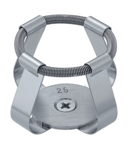 Stainless steel 25mL flask fixing clip with curved bands and springs on a white background.