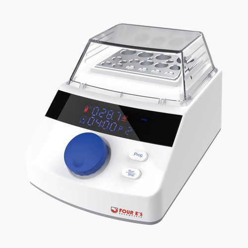 A 4E's mini dry bath incubator with white housing, a blue control dial, digital display, and a clear heated lid.