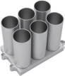 Silver aluminum 6x50ml tube block for thermal mixers, angled overhead view.