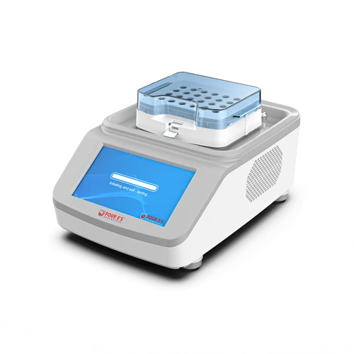 A white and grey 4E's thermo mixer with a blue display screen and tube block.
