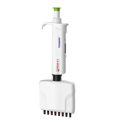 White 4E's Precipette 8-channel adjustable volume pipette with green plunger, viewed vertically.