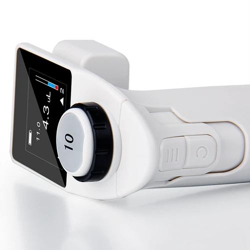 Close-up of a white 4E's electronic pipette head showing digital display, black control dial, and side buttons.