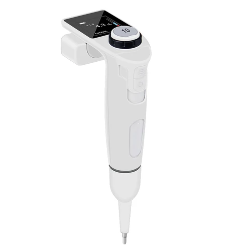 A white electronic pipette shown at an angle, featuring a digital display screen and a control dial at the top.