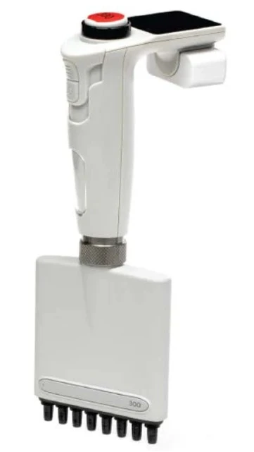 White and grey electronic 12-channel pipette with red plunger button and digital screen.