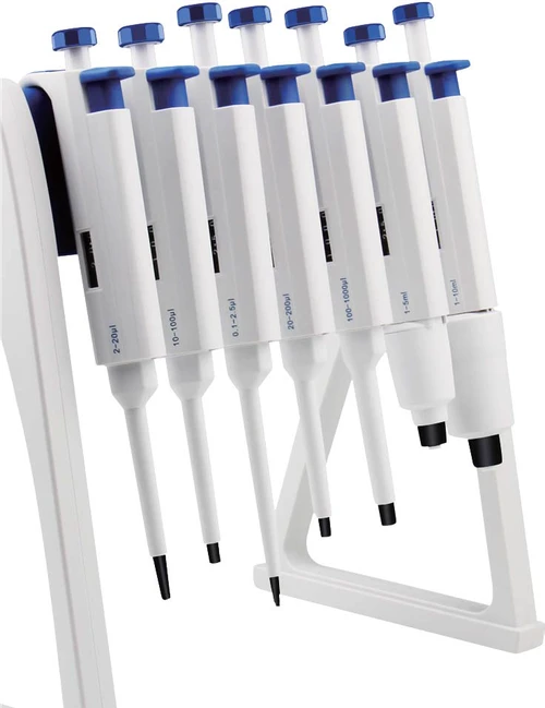 A set of white and blue 4E's adjustable volume pipettes on a matching stand.