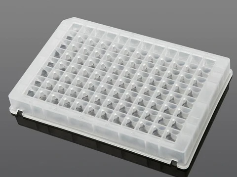 Translucent plastic 96-well deep well plate with V-shaped conical bottom and square wells, viewed from an angle.