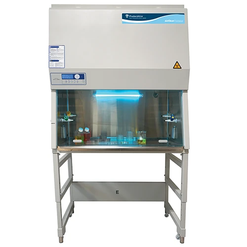 AirClean ProtectAire Class II A2 biological safety cabinet in gray with a stainless steel work zone and stand.