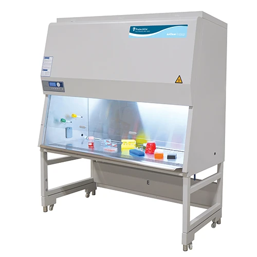 AirClean ProtectAire Class II A2 biological safety cabinet in light gray with stainless steel work surface.