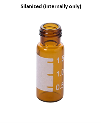 Amber glass autosampler vial with threaded neck, white writing patch, and volume graduations up to 1.5 mL.