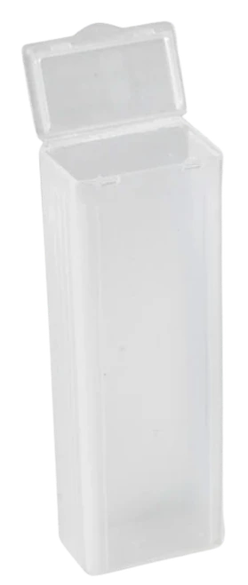 Translucent polypropylene slide mailer box shown from a high-angle perspective with the flip-top lid open.
