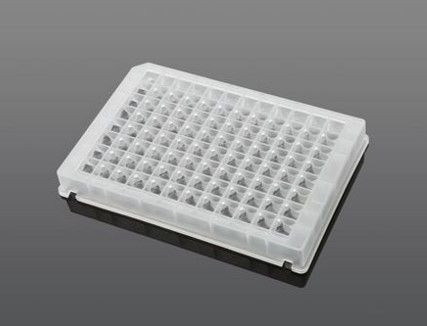 Angle view of a clear, translucent plastic 96-well deep well plate with square wells and a V-shaped bottom.