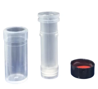 FilterMAX one-step autosampler filter vial disassembled, showing a clear plastic outer tube, inner plunger, and black cap.