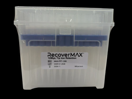 A sealed rack of clear plastic 1250uL low-retention pipette tips with blue inserts on a black background.