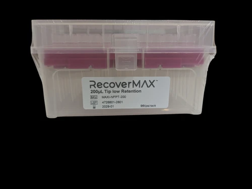 RecoverMAX 200µL low-retention pipette tips in a clear plastic rack with purple tray.