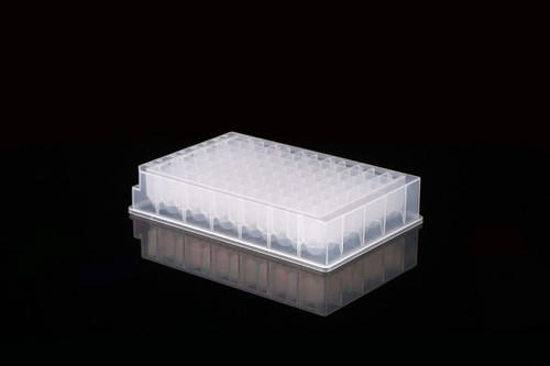 A transparent NEST Scientific 1.0ml 96-well deep well plate with a U-bottom and square wells, viewed from an angle.