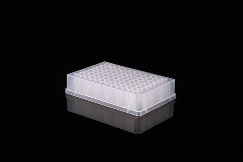 Translucent plastic 96-well deep well plate with V-bottom and round wells on a black background