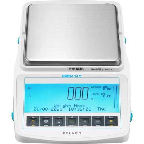 Adam Equipment Polaris precision balance with a rectangular stainless steel pan and glowing blue display.