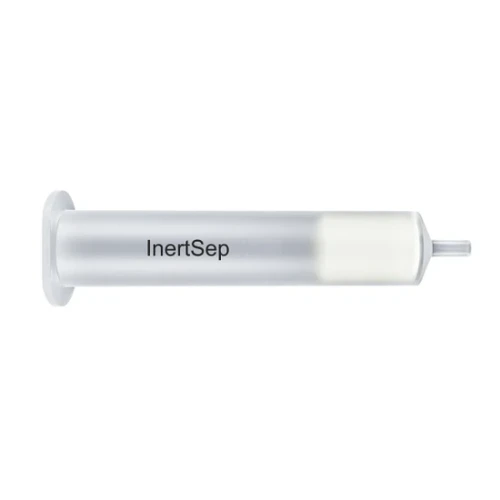Clear plastic InertSep solid phase extraction cartridge with white sorbent bed.