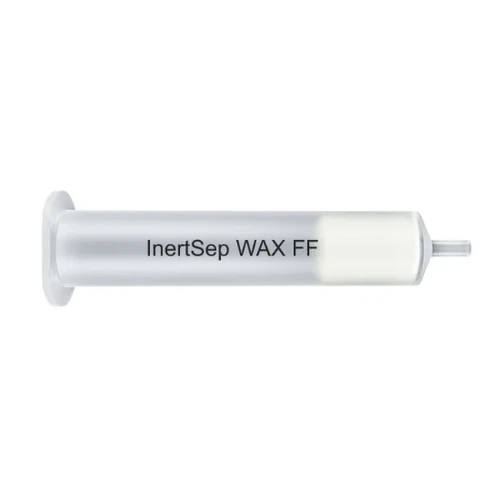 Clear plastic InertSep WAX FF solid phase extraction cartridge with white sorbent bed.