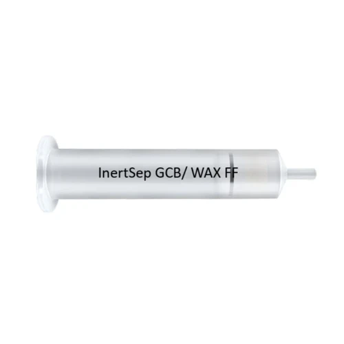 Clear plastic 6mL SPE cartridge labeled "InertSep GCB/WAX FF" with internal frits.