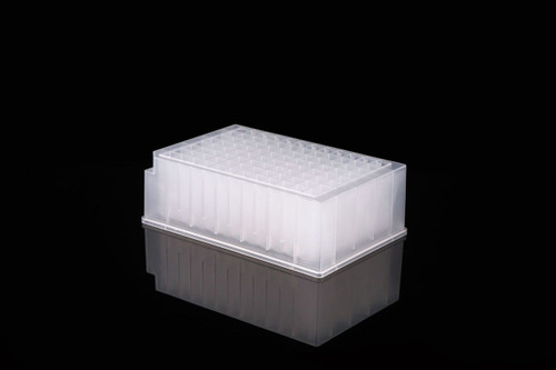 Translucent plastic 96-well deep well plate viewed at an angle on a reflective black surface.