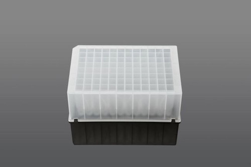 NEST 96-well deep well plate with a translucent grid top and solid black base, viewed from above.