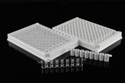 Two NEST Scientific 96-well ELISA plates with white frames and detachable clear and white 8-well strips.