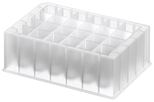 Clear plastic 24-well deep well plate with square wells and V-bottom design, viewed from an angle.