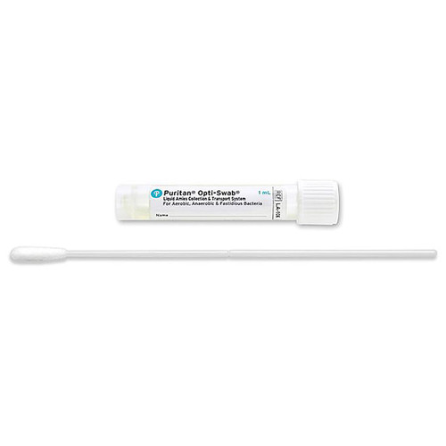 Opti-Swab Liquid Amies Transport Medium, 1mL fill with 6" Sterile Elongated Flock Swab, 12x80mm Polypropylene Vial