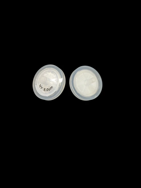 Two clear plastic 25mm syringe filters showing printed 'NY 5.0µm' text and Luer lock fittings.