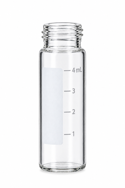 A clear 4 mL glass screw-top vial with measurement markings and a white writing patch against a white background.