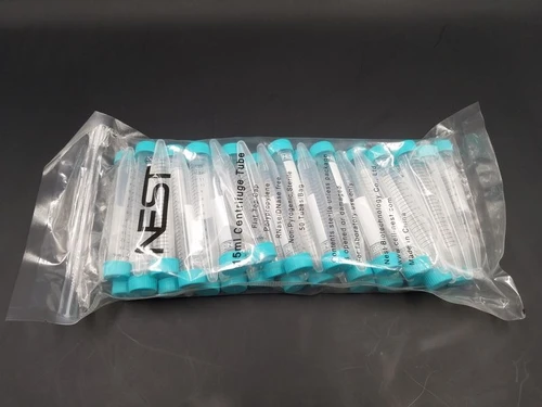 A sealed plastic bag containing 50 clear 15ml centrifuge tubes with teal caps.