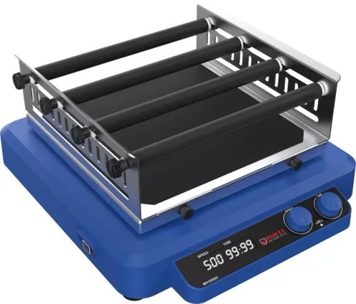 Blue digital orbital and linear shaker with a metal four-bar universal attachment.