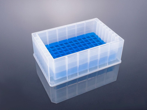 NESTM Scientific single-well reservoir microplate with blue liquid, showing its 96-trough bottom and medium-profile