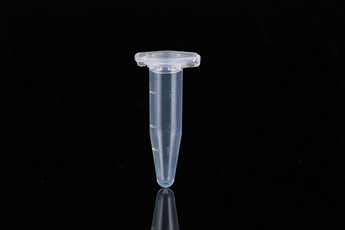 Clear plastic 1.5ml microcentrifuge tube with volume graduation lines and a secure lock cap.